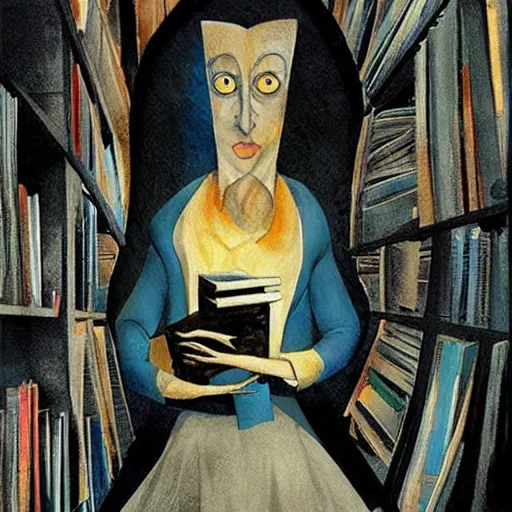 Image similar to the philosopher woman recludes from the world surrounded by a pile of books, art by dave mckean and leonora carrington