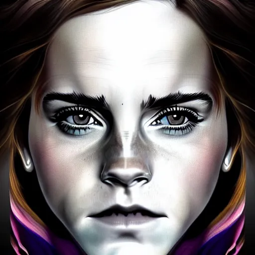 Image similar to Very funny Emma Watson looking like an old monkey, colorful painting on grey scale face, powerful , magic, thunders, dramatic lighting, intricate, wild, highly detailed, digital painting, artstation, concept art, smooth, sharp focus, illustration, art by artgerm and greg rutkowski and alphonse mucha, footage