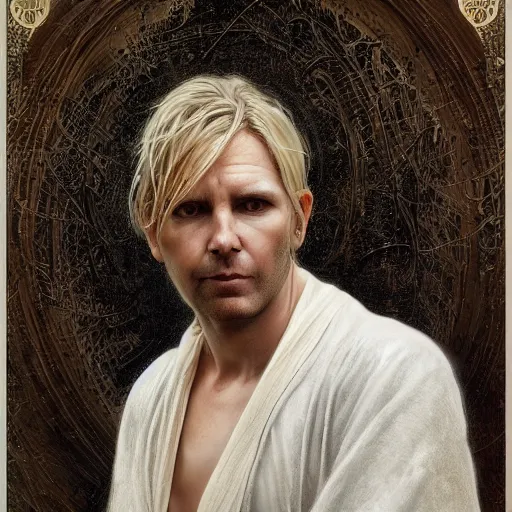 Image similar to portrait of 4 0 - year - old man with dirty blonde hair down to his waist, pale eyebrows and protuberant silver eyes, wearing a simple white robe, hyper realistic face, beautiful eyes, fantasy art, in the style of greg rutkowski, intricate, alphonse mucha, hyper detailed, smooth