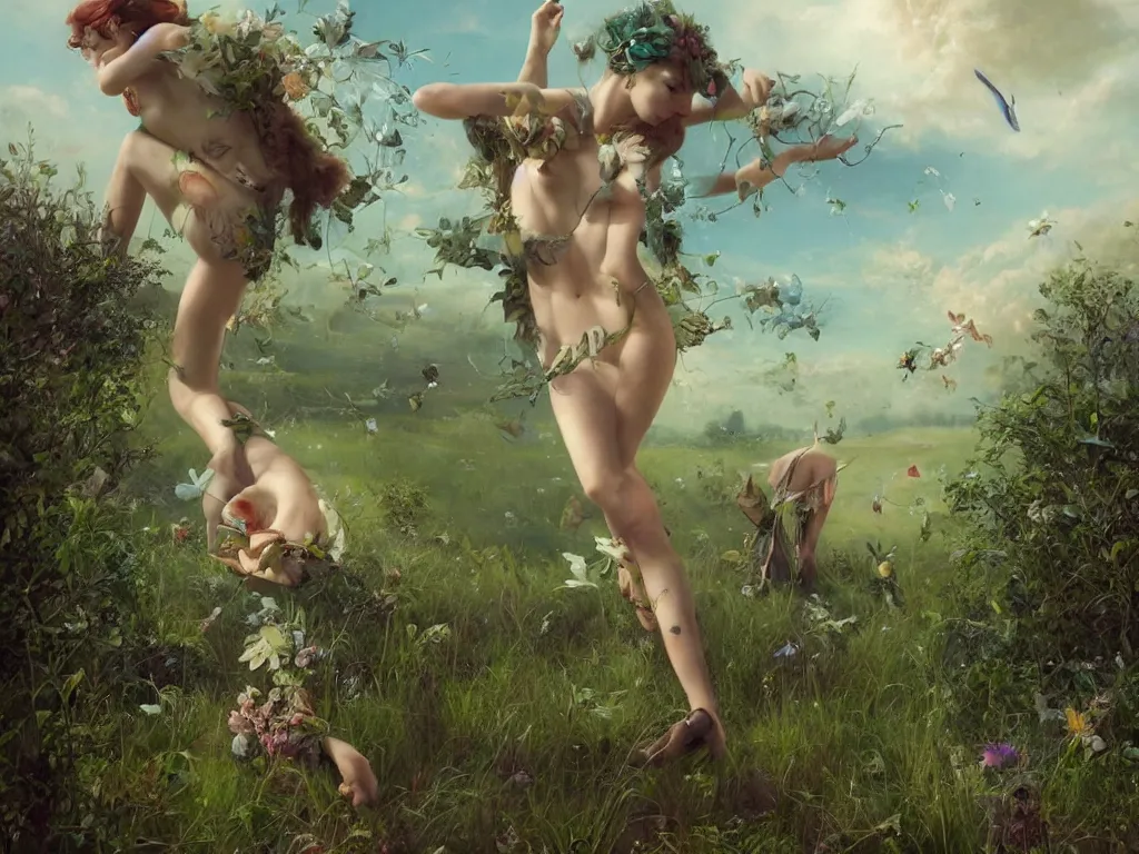 Prompt: a solarpunk very very very beautiful lush landscape of a beautiful nymph in a field are of broken stone words with cyborg workers picking up the broken stone and trying to put them back together, hyperrealistic, award - winning, masterpiece, in the style of tom bagshaw, cedric peyravernay, peter mohrbacher