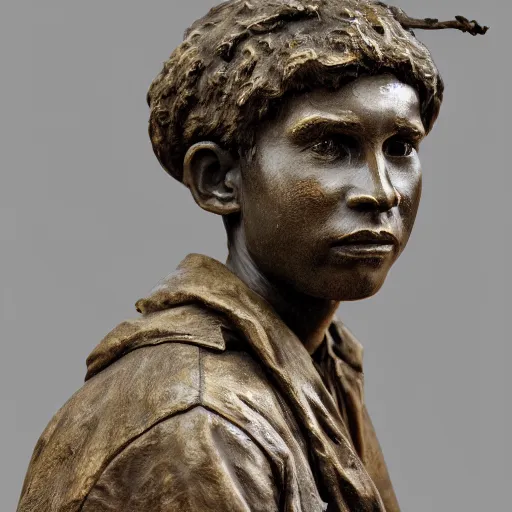 Image similar to high resolution photograph of a bronze cast sculpture of a sad peasant boy in the style of carl spitzweg