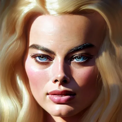 Image similar to a beautiful portrait of margot robbie as cute barbie ; crisp sharp focus ; ultra realistic, concept art, intricate details, stunning model, highly detailed, photorealistic, octane render, 8 k, unreal engine. art by artgerm and greg rutkowski and charlie bowater and magali villeneuve and alphonse mucha