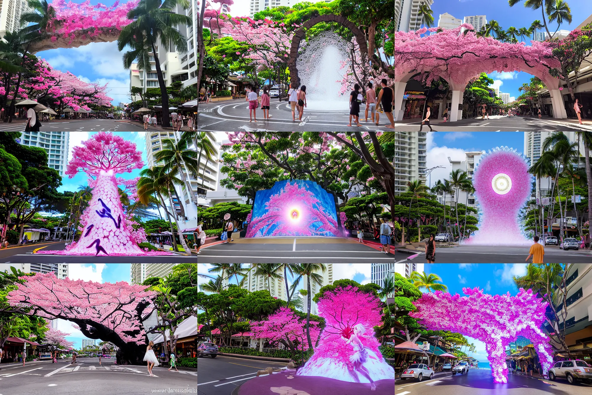 Prompt: a sakura portal appears out of nowhere in kalakaua avenue in waikiki with waterfall, the sakura portal is a gateway to renaissance street, cinematic, ultra detailed, majestic, intricate, by android james, ruan jia, ilya kuvshinov, martine johanna, jakub rebelka