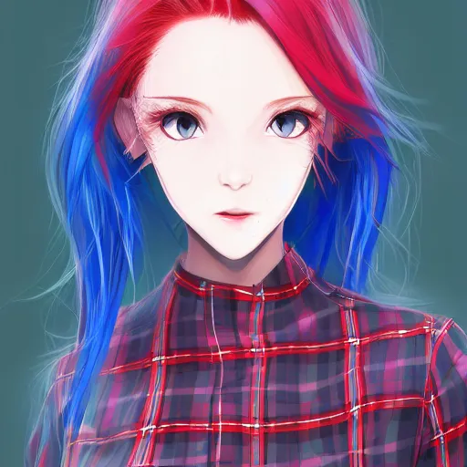 Image similar to full headshot portrait of woman with red hair and blue, digital art, drawn by WLOP, by Avetetsuya Studios, anime manga panel, trending on artstation, wearing a plaid shirt