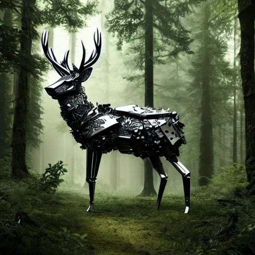 Image similar to chrome stag made of corvette parts in a lush forest :: moody, ornate, dynamic, particulate, intricate, elegant, highly detailed, centered, artstation, smooth, sharp focus, octane render