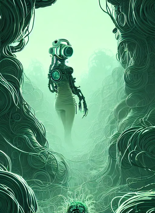 Image similar to highly detailed portrait of a biopunk long curly white hair tribal lady, stray wiring by atey ghailan, james gilleard, by joe fenton, by greg rutkowski, by greg tocchini, by kaethe butcher, 4 k resolution, gradient green, black and white color scheme!!! ( ( irradiated robotic rocky tornado landscape background ) )