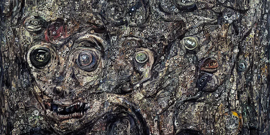 Prompt: camo made of eyes, technical, acrylic, teeth, eerie, tribal, clay, dotting, lines, stipple, points, cybernetic, style of old painting, francis bacon art, swirly eyes, hypnosis, eerie, terror, oil, neon, black and white, splotches, colorful dots, ominous,