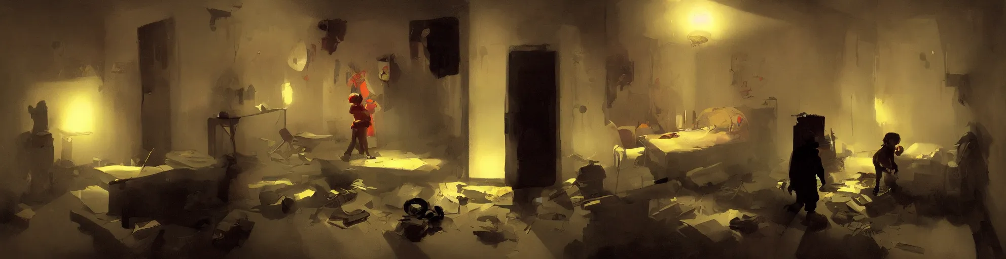 Image similar to a kid entering in a hoarder's room, dark atmosphere. by sergey kolesov and phil hale