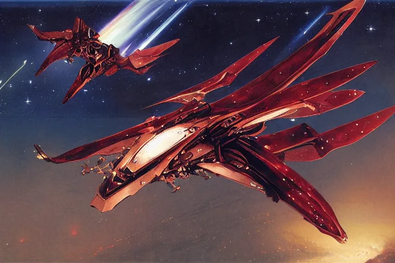 Image similar to gnostic space nebula with debris by raymond swanland, framing a pteranodon battlecruiser, with white kanji insignias, sleek, white john berkey panels, wine red trim, Ralph mcquarrie insets. spines and towers, rows of windows lit internally, sensor array, blazing engines, robotech styling, boeing concept art, cinematic lighting by liam wong