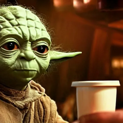 Image similar to film still of yoda drinking beer in a bar in the new star wars movie 4 k