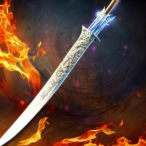 Image similar to magical sword with flames running up and down the blade, digital art, high quality, intricate design, 3d render, art station top 10,