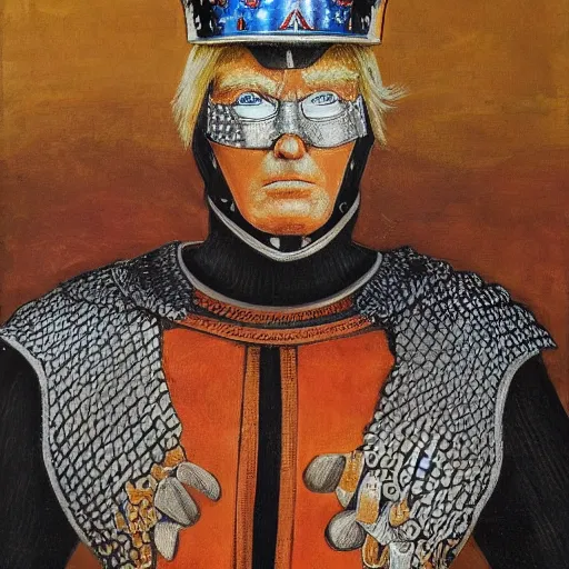 Prompt: knights armor, donald trump, crown, donald trump's face, detailed face, posing like a knight, vibrant colors, medieval, by hans thoma