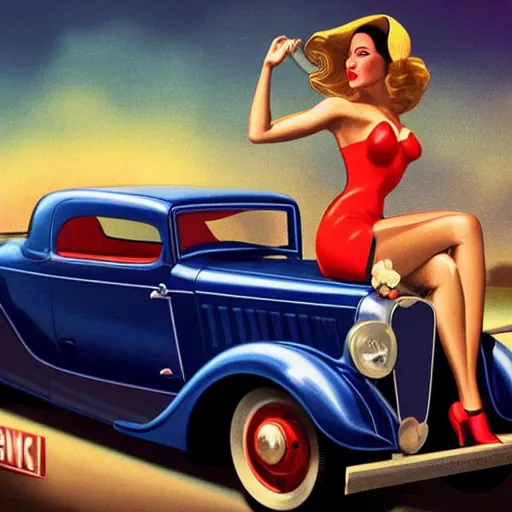 Prompt: 3 d fisheye, very low, wide angle, painting showing olivia munn driving exaggerated 1 9 3 0 s car with woman driving, shiny bikini, dramatic lighting, sultry, sensual, shiny, vargas, wlop, manara, moebius, elvgren, joshua middleton, artgerm