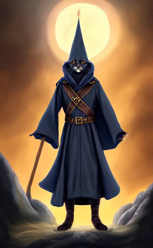 Image similar to matte oil painting of a bipdel cat wearing long wizard robes, anthropomorphic cat wearing a big wizard hat, dnd, character reveal, magic, posing, full body portrait, high resolution, detailed, inspiring, award - winning, clear, crisp, sharp