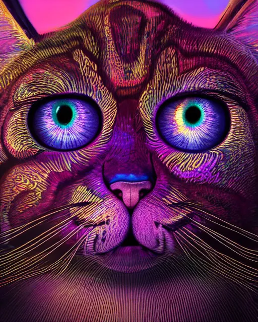 Image similar to psychedelic 6 0 s portrait of funny giant cute eyes kitten, intricate abstract. intricate artwork, by tooth wu, wlop, beeple, dan mumford. concept art, octane render, trending on artstation, greg rutkowski very coherent symmetrical artwork. cinematic, key art, hyper realism, high detail, octane render, 8 k, iridescent accents