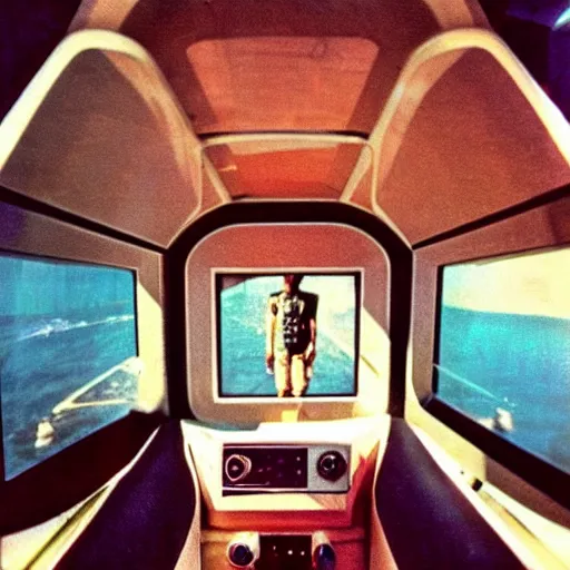 Image similar to “first person view of life aboard a retrofuturistic spaceship. 1980s photography”