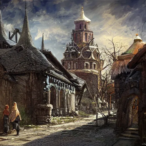 Image similar to photo ancient Slavic Russian city of Kitezh, concept art, painting by Viktor Vasnetsov, magical city, fantasy cityscape, ancient Slavs, wooden buildings, ancient Russian architecture, terem, hyperborea, top cinematic lighting , cinematic mood, very detailed, 8k, high resolution, trending on artstation, artstationHD,