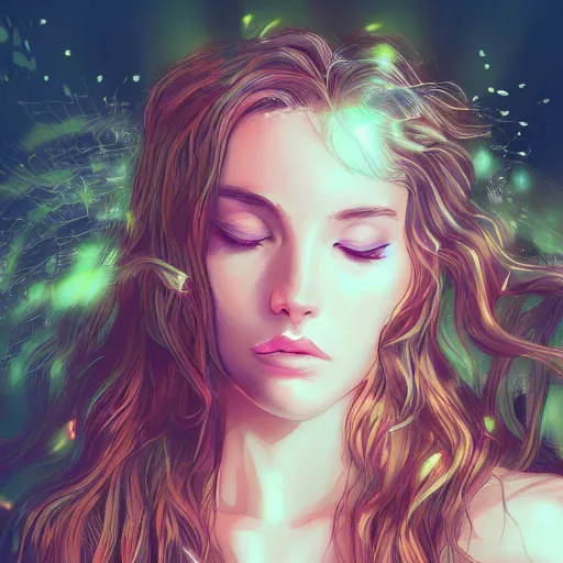 Image similar to high detail portrait of a beautiful woman with her hair down, vaporwave lighting, concept art, soft floral background, beautiful