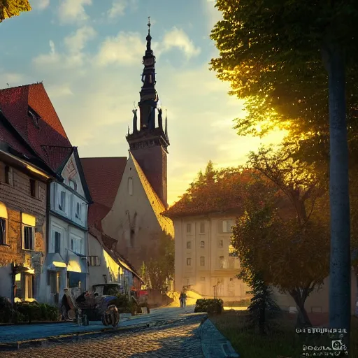 Image similar to a beautiful hyper realistic photo of banska stiavnica in summer with old houses and trees in sunset, sky, v - ray, octane render, unreal engine, by greg rutkowski and james gurney, artstation