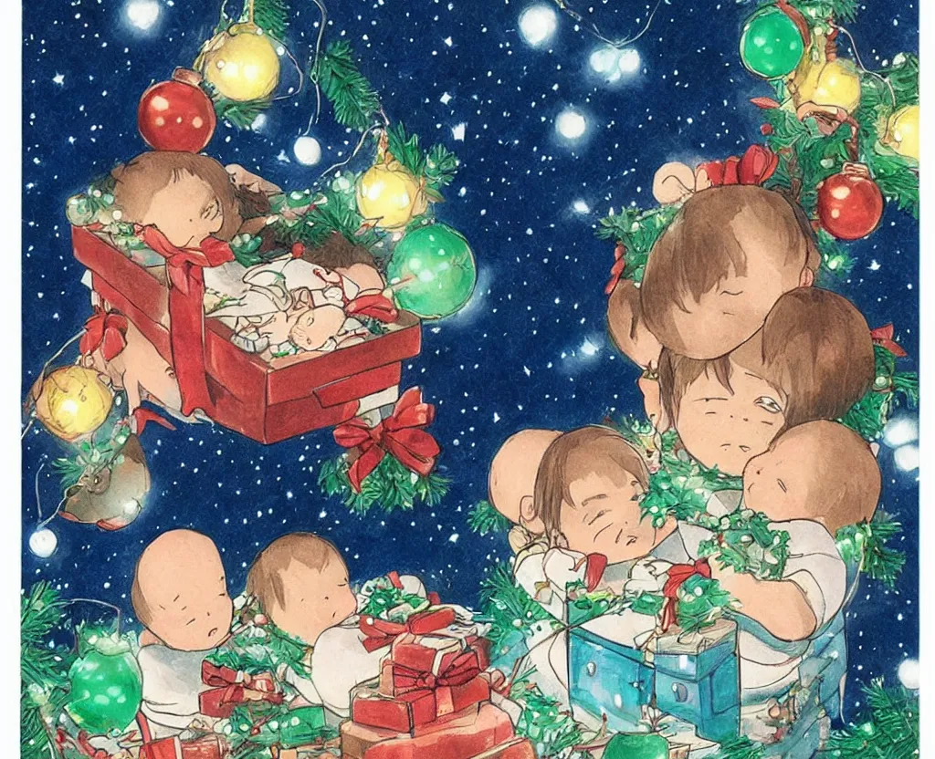 Image similar to Two twin babies in a gift box, christmas lights, very detailed, art by Studio Ghibli