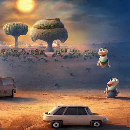 Prompt: Still from pixar movie about an Tiny Donald Trumps invasion Ancient Athens, UFOs, portrait, intricate, 8k highly professionally detailed, HDR, CGsociety