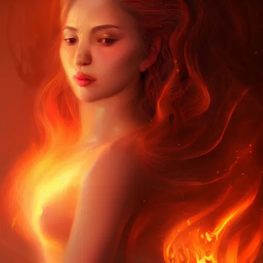 Prompt: masterpiece portrait of an aesthetic beautiful realistic fire mage woman, 3 0 years old woman, hair with lighter colorful strands, wearing a thin golden diadem with ruby inlays, digital painting by wlop and by joachim bergauer, cinematic lights, atmospheric effects and fog in the background, 8 k, octane render, artstation, deviantart, instagram