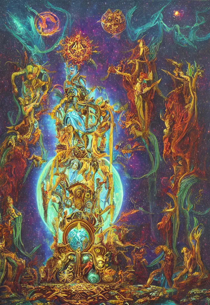 Image similar to terrible throne of the gnostic lunar mythos, award winning oil painting, iridescent color palette