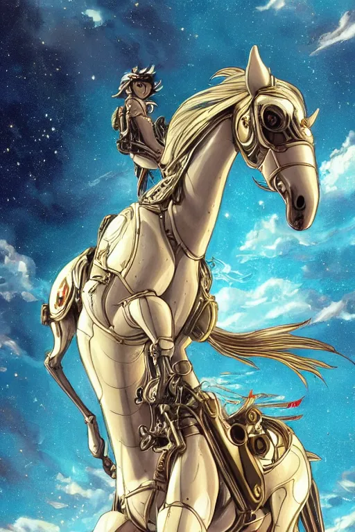 Image similar to a mechanical horse with wings flying across glimmering stairways to otherworldly galaxies, high intricate details, rule of thirds, golden ratio, cinematic light, anime style, graphic novel by fiona staples and dustin nguyen, by beaststars and orange, peter elson, alan bean, studio ghibli, makoto shinkai