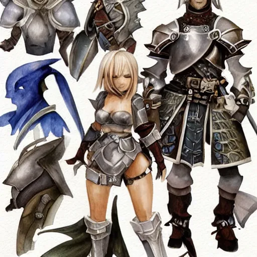 Prompt: watercolor, final fantasy tactics character design, knight in plate armor, character portrait, heroic, many belts