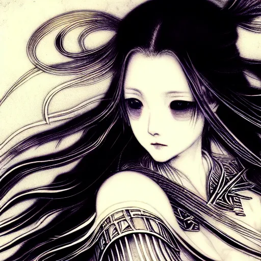 Image similar to yoshitaka amano blurred and dreamy illustration of an anime girl with black eyes, wavy white hair fluttering in the wind wearing elden ring armor and engraving, abstract black and white patterns on the background, noisy film grain effect, highly detailed, renaissance oil painting, weird portrait angle, blurred lost edges, three quarter view