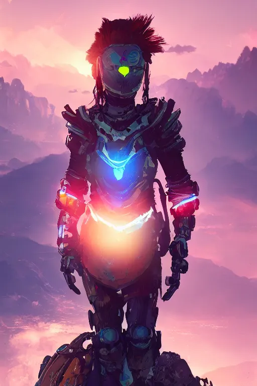 Image similar to combination suit armor aloy horizon forbidden west horizon zero dawn radiating a glowing aura global illumination ray tracing hdr fanart arstation by ian pesty and alena aenami artworks in 4 k tribal robot ninja mask helmet backpack