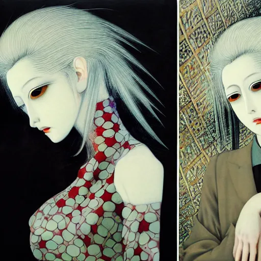 Image similar to yoshitaka amano blurred and dreamy realistic portrait of a woman with white hair and black eyes wearing dress suit with tie, junji ito abstract patterns in the background, satoshi kon anime, noisy film grain effect, highly detailed, renaissance oil painting, weird portrait angle, blurred lost edges, three quarter view