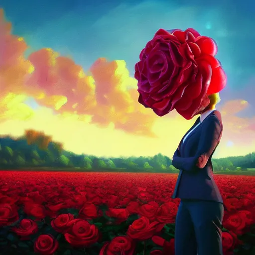 Image similar to closeup, giant rose flower on the head, frontal, girl in a suit, surreal photography, sunrise, blue sky, dramatic light, impressionist painting, digital painting, artstation, simon stalenhag