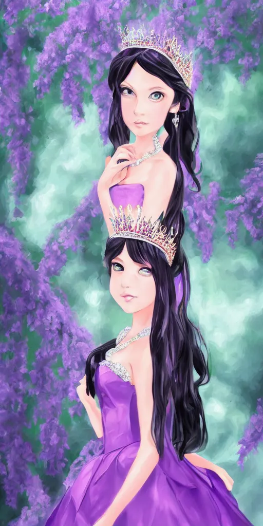 Image similar to Oil painting of a princess wearing a lavanda color dress, and a tiara with emeralds, long and straight black hair, digital art, 4k, anime style