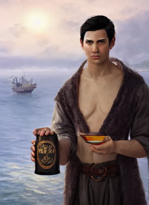 Image similar to Young man, slim, short black hair, pale, wearing a haramaki, holding a tankard of ale, digital art, realistic, Pathfinder, detailed, trending on artstation, sea in the background as drawn by Wayne Reynolds