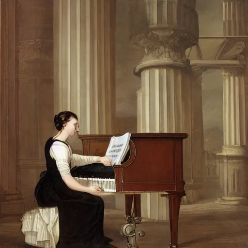 Prompt: woman playing piano in a empty auditorium, baroq style