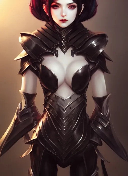 Image similar to full plate armor!!! beautiful and elegant dark hair female vampire!! gorgeous ayes!! character concept art, sharp focus, octane render! unreal engine 5! highly rendered!! trending on artstation!! detailed linework!! illustration by artgerm, wlop, and chie yoshii