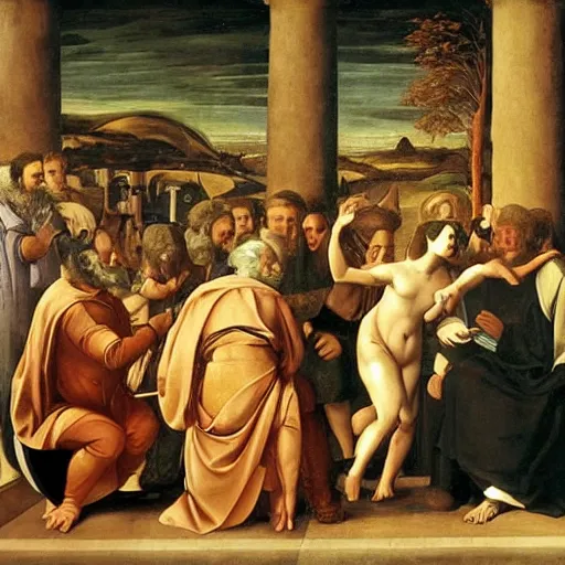 Prompt: renaissance painting of philosophers having a discussion with batman in the middle of a round table, there are two dead tree in the background, one white orchid in vase above a fireplace at the edge of the painting, slight smokes from the fireplace are filling up the painting, golden ratio, rule of third