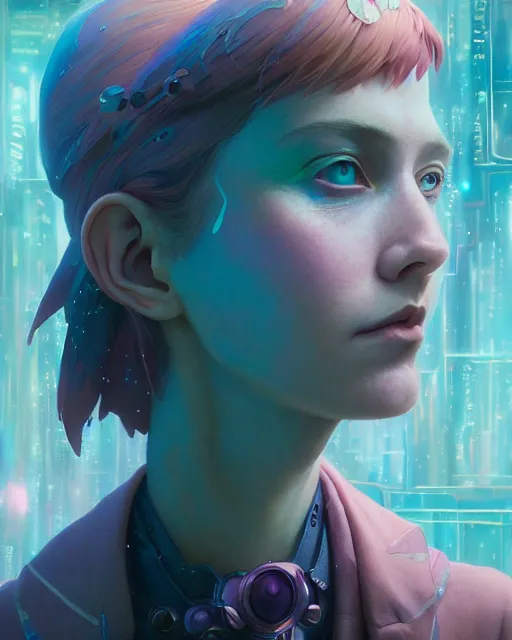 Image similar to highly detailed surreal vfx portrait of a postcyberpunk fairy, stephen bliss, unreal engine, greg rutkowski, loish, rhads, beeple, makoto shinkai and lois van baarle, ilya kuvshinov, rossdraws, tom bagshaw, alphonse mucha, global illumination, detailed and intricate environment