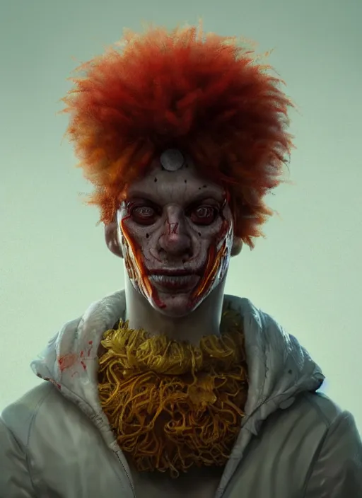 Prompt: biopunk portrait of ronald mcdonald, au naturel, hyper detailed, digital art, trending in artstation, cinematic lighting, studio quality, smooth render, unreal engine 5 rendered, octane rendered, art style by klimt and nixeu and ian sprigger and wlop and krenz cushart.