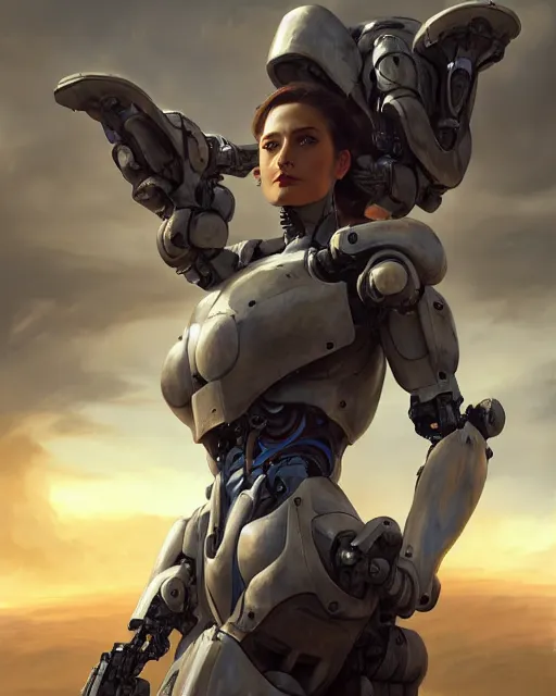 Image similar to daniel gerhartz and artgerm portrait digital rococo painting of a beautiful serious woman wearing a mecha suit, war torn battlefield in the background, glinting sunlight, unreal engine, hyper realism, realistic shading, cinematic composition, blender render, octane render, hdr, detailed textures, photorealistic, wide portrait shot, 3 5 mm film