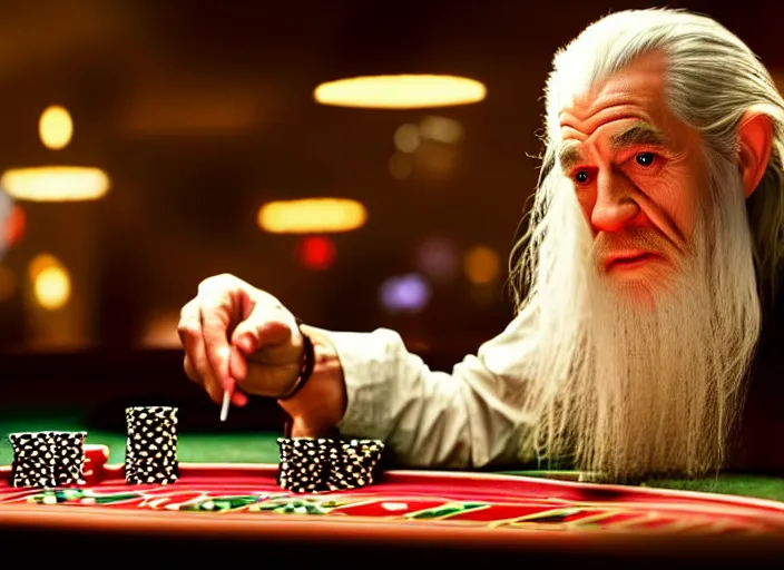 Image similar to film still of gandalf gambling in a casino in new martin scorsese movie, 8 k