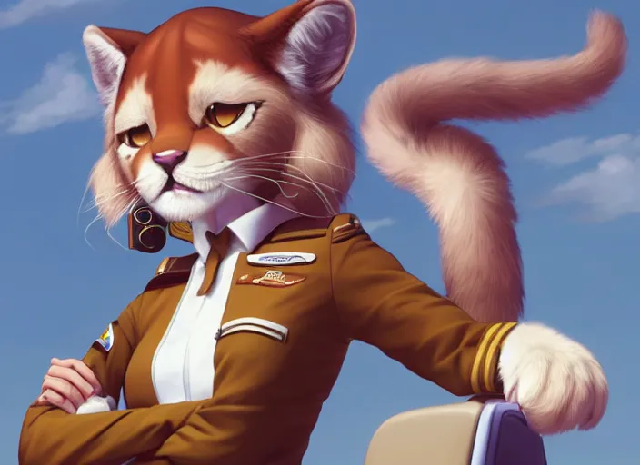 Prompt: character portrait feature of the anthro female anthropomorphic puma fursona wearing airline pilot outfit uniform professional pilot for delta airlines character design stylized by charlie bowater, ross tran, artgerm, and makoto shinkai, detailed, soft lighting, rendered in octane