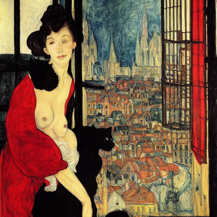 Image similar to close portrait of woman in night gown with cat, with city with gothic cathedral seen from a window frame with curtains. thunderstorm. caravaggio, egon schiele, bonnard, henri de toulouse - lautrec, utamaro, monet