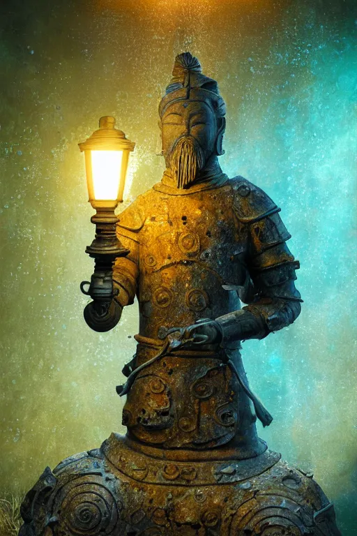 Image similar to a stunning ultra detailed underwater fantasy fine art photo of a granite statue of a terracotta warrior holding a glowing lamp, surrounded by colorful fishes, by tomasz alen kopera and anna dittman, water bubbles, very detailed, deep depth of field, 5 0 mm lens, soft lighting, artstation, highly coherent, 8 k