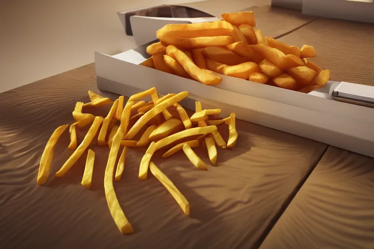 Image similar to a commercial with a 3d rendered snake spitting french fries, commercial, 3d render, Mc donalds, 4k, sharp, by Beeple, Octane Render, cinema 4d