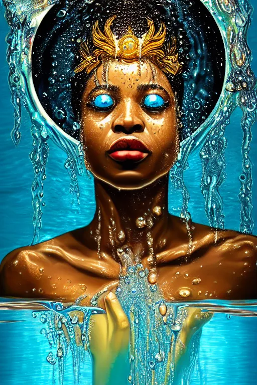 Image similar to hyperrealistic photorealist cinematic super expressive! oshun goddess immersed in water!, mirror dripping droplet, gold ornate jewely, highly detailed face, digital art masterpiece, smooth eric zener cam de leon, dramatic pearlescent turquoise light on one side, low angle uhd 8 k, shallow depth of field