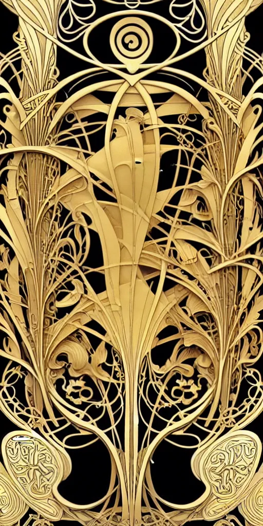 Image similar to the source of future growth dramatic, elaborate emotive Art Nouveau styles to emphasise beauty as a transcendental, seamless pattern, symmetrical, large motifs, hyper realistic, 8k image, 3D, supersharp, Art nouveau curves spirals and swirls, goldplated surfaces, Flying silk fabric, iridescent and black and gold colors , perfect symmetry, iridescent, High Definition, sci-fi, Octane render in Maya and Houdini, light, shadows, reflections, photorealistic, masterpiece, smooth gradients, no blur, sharp focus, photorealistic, insanely detailed and intricate, cinematic lighting, Octane render, epic scene, 8K