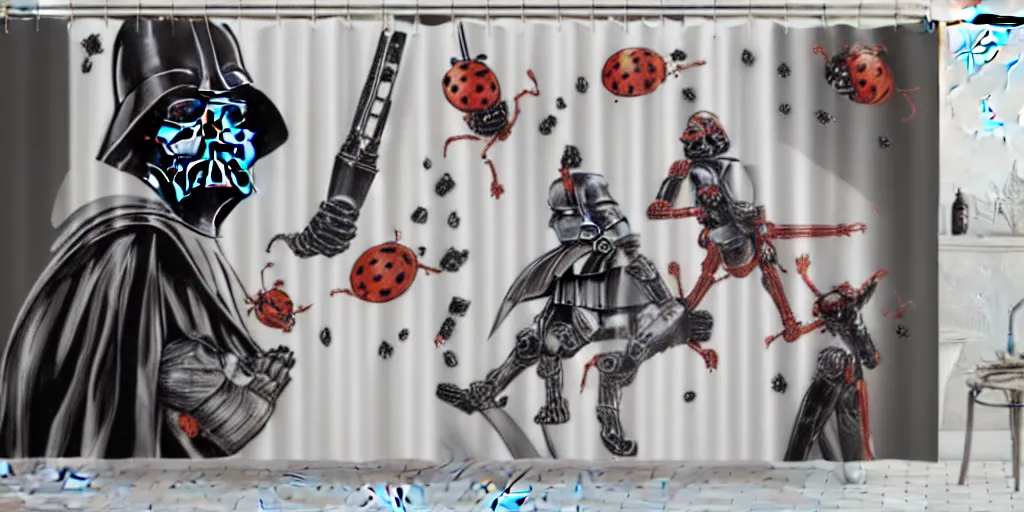 Prompt: shower curtain product catalog. wide - angle photo. on the curtain is a low - angle hero - shot watercolor of a ladybug robot fighting against darth vader. the robot has an epic showdown with darth vader. the water color has ink under drawing. highly coherent, product photography of a shower curtain, product lighting. 4 k, highly detailed. saturated.