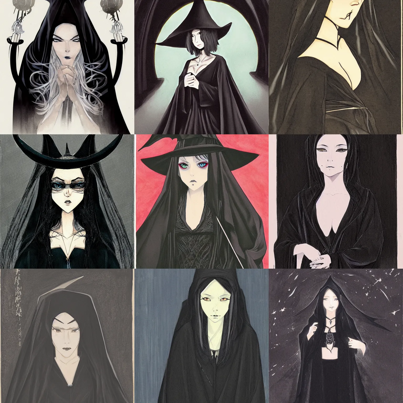 Prompt: portrait of a witch in black robes, art by hideo minaba
